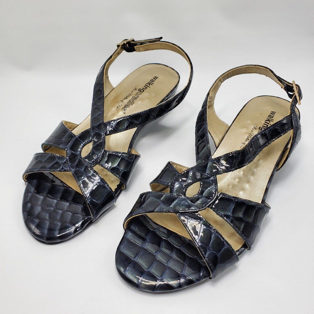 Walking Cradles Womens Dixie Slingback Leather Cushioned Wedge Heel Sz 8.5 Black